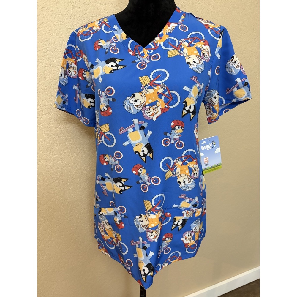 Bluey Womens V-Neck Scrub Top Blue Biking Bingo Bandit Print Large NWT